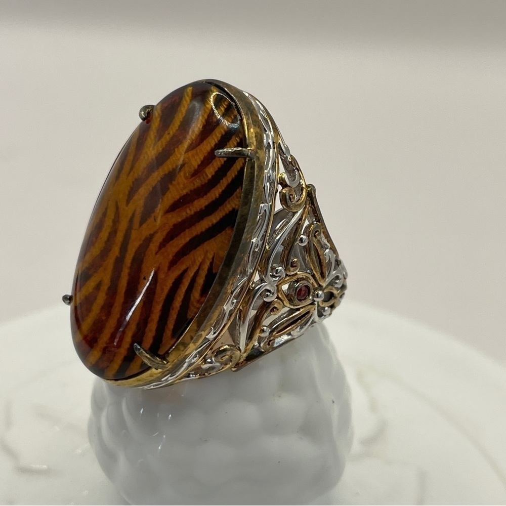 Sterling Silver - HN HENG NGAI Glass Tiger Stripe Large  Statement Ring Size 10